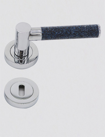 PAIRE DE POIGNEE MOONLIGHT BLUE + PAIRE DE ROSACE RONDE Ø 50mm TROU DE CLE LAITON CHROME